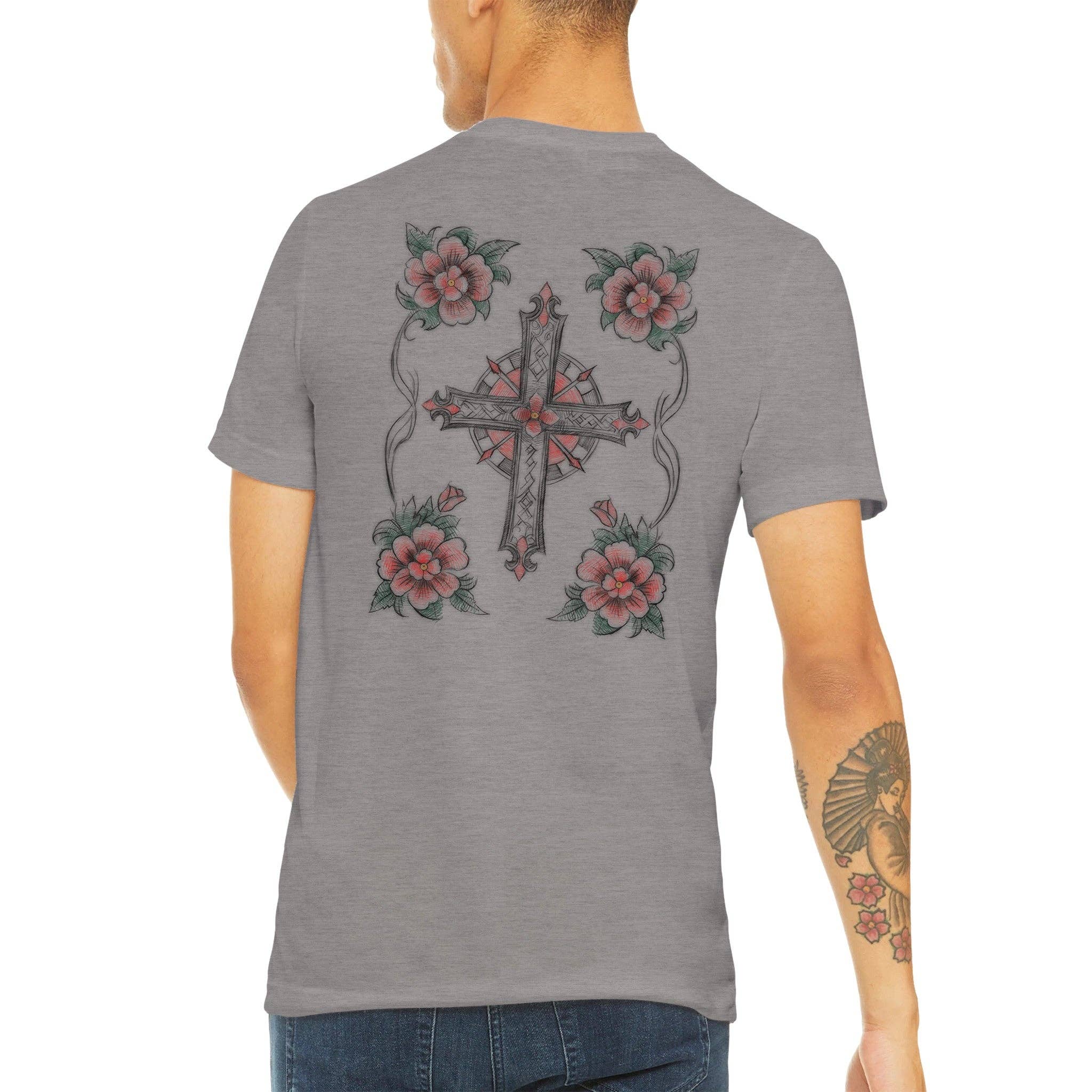 Los Angeles Mercantile™ - Wholesale Screen Printed T-Shirt - Men's - Cross, Flowers, & Blessed Virgin Mary American Traditional Triblend Unisex Crewneck T-shirt0