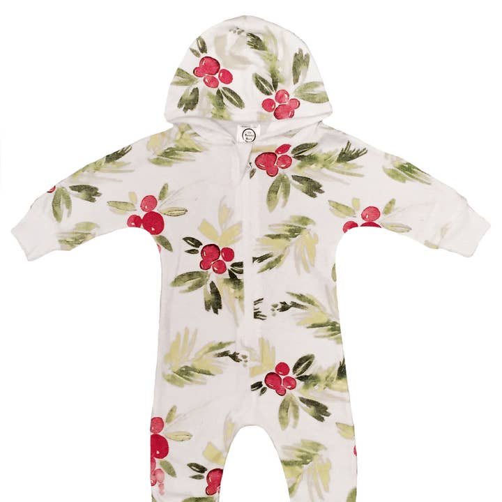 Floral Holly Christmas Hooded Jumpsuit for Baby Girls for wholesale by Spunky Stork