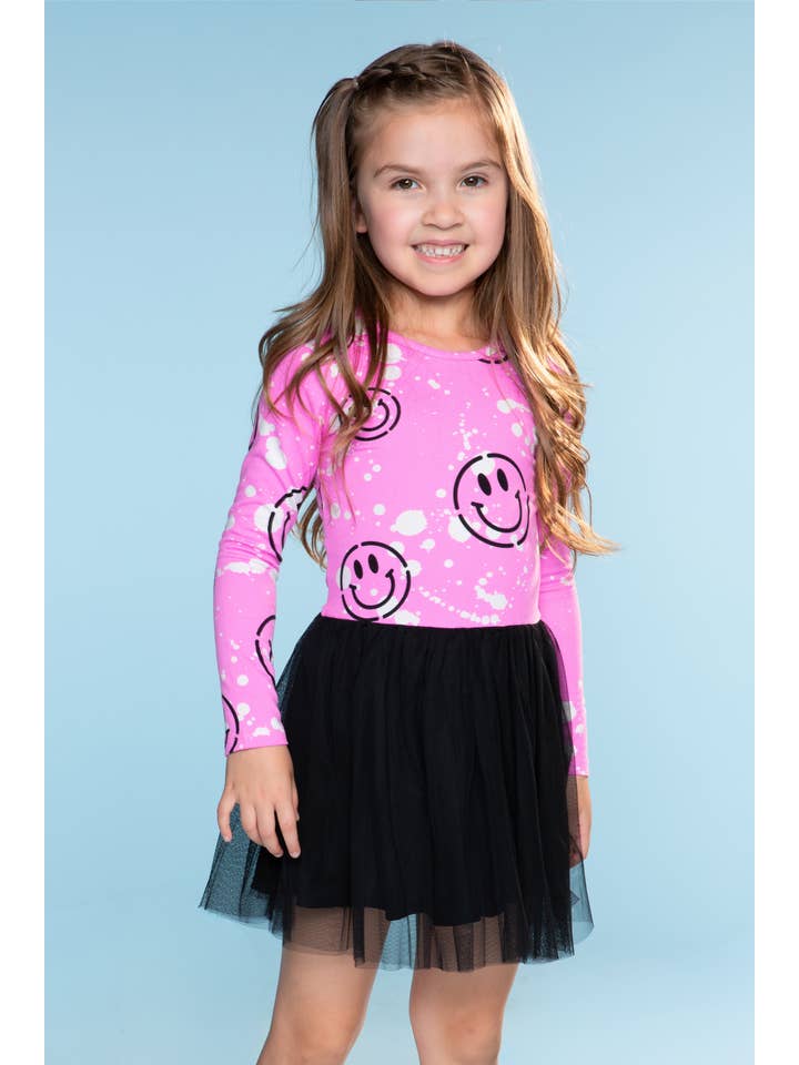 Simply Soft Long Sleeve Be Happy Tulle Dress - Pink Splatter Smile for wholesale on Faire