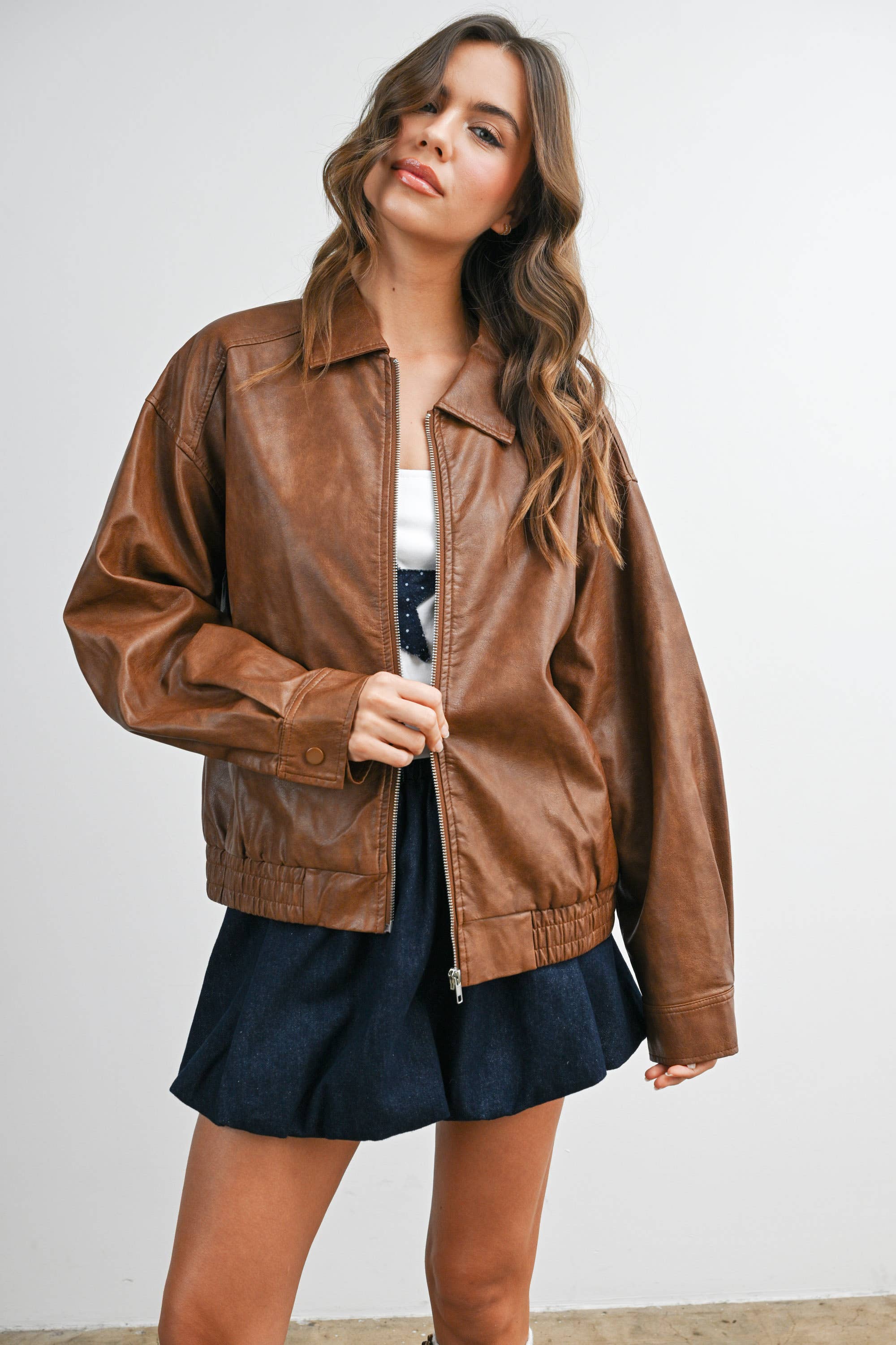 BUTTERMELON - Wholesale Jacket - Women's - Collared Zip-Front Leather Jacket - BMJ796823