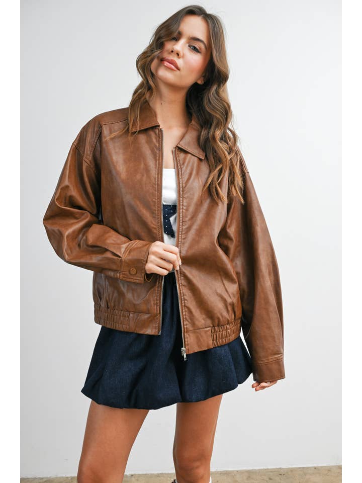 BUTTERMELON - Wholesale Jacket - Women's - Collared Zip-Front Leather Jacket - BMJ796823