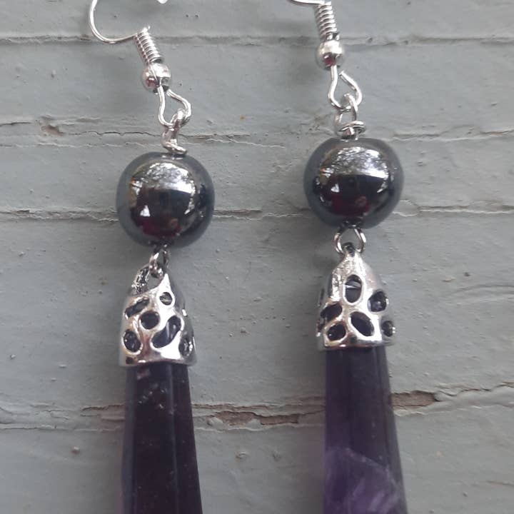 Secret Synergy Stones - Vente Boucles d'oreilles pendantes - Boucles d'oreilles EMF 5G - améthyste, shungite, tourmaline noire, hématite2