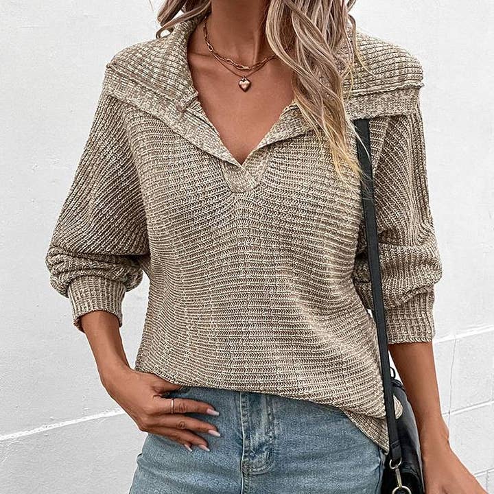 Khaki Casual Long-Sleeved Roll-Neck Sweater for wholesale on Faire