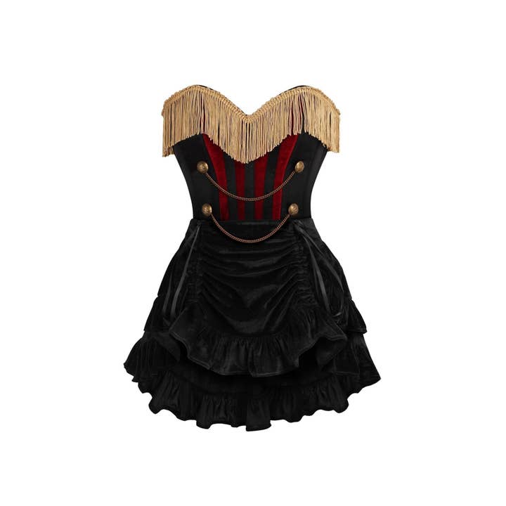 Top Drawer 2-delad Burlesque Svart & Mörkröd Korsett med Stålstavar, Guldfransar & Kjolset för wholesale av Daisy Corsets