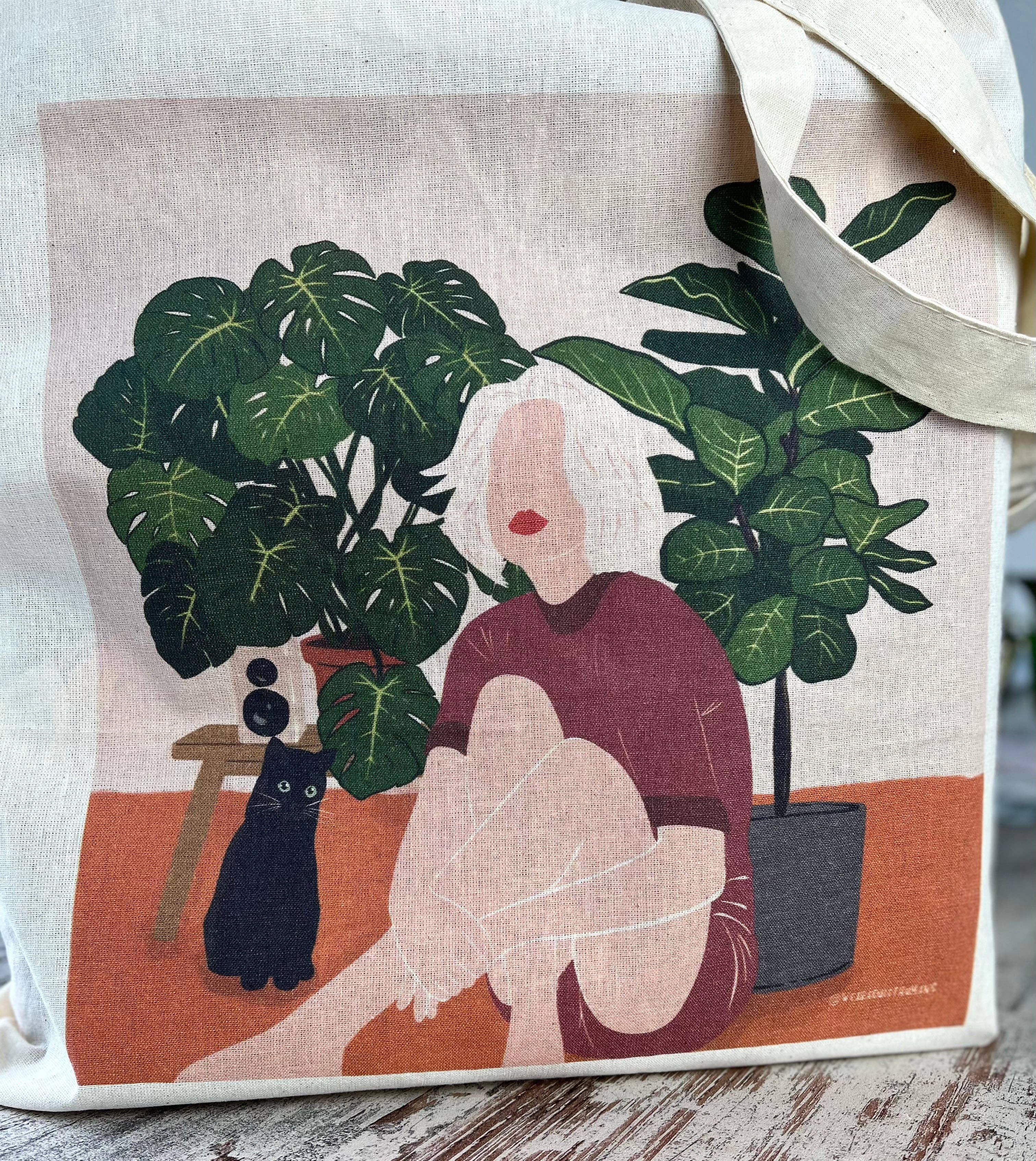 plantyintroverts - Wholesale Tote Bag - Women's - Cloth Bag - Plantlady, Monstera, Fiddle Tree, Cat Bag2