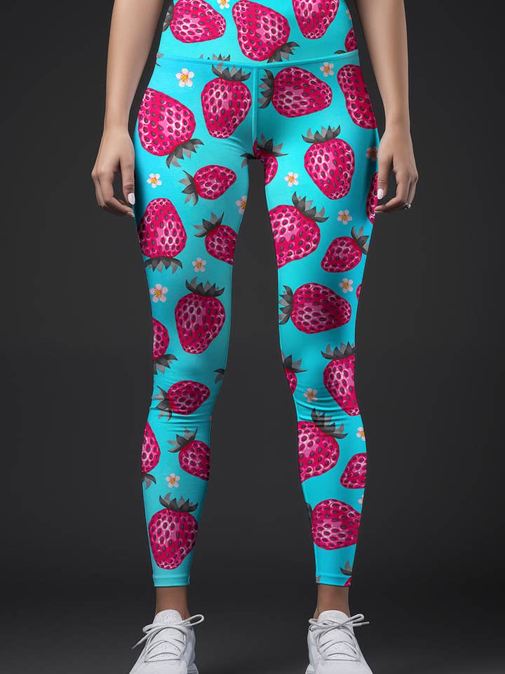 Berry Cute Lucy Blue Strawberry Print Leggings Yoga Pants - Women for wholesale by Pineapple Clothing