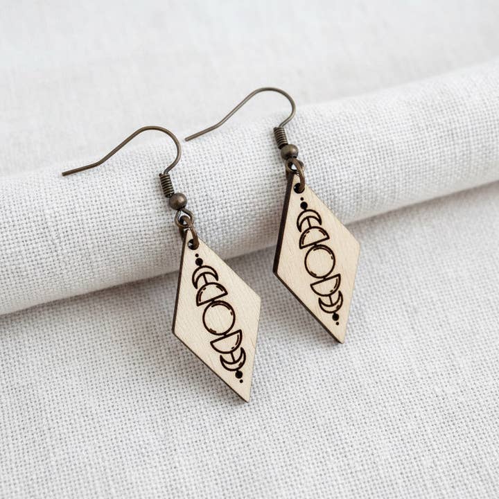 Moon Phase Engraved Wood Earrings© by Aurora North Home™ for wholesale by Aurora North Home