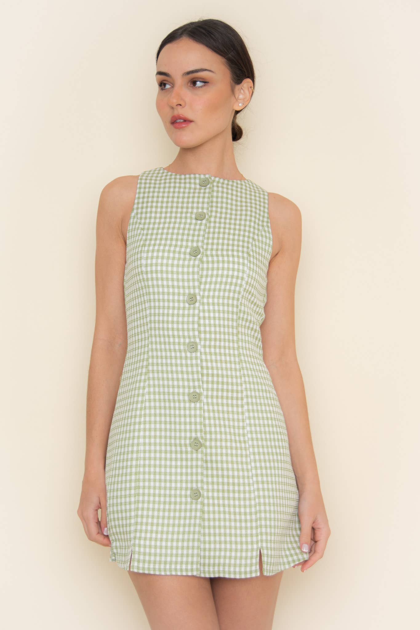 Fore Collection - Wholesale Dress - Women's - GINGHAM CHECKER BUTTON CLOSURE TANK MINI DRESS-DI9935FO1