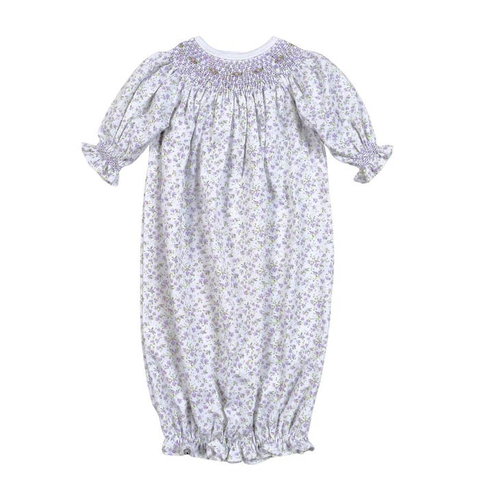 LEY-419 LEYLA PURPLE FLORAL HAND SMOCKED BISHOP GOWN for wholesale by Baby Loren