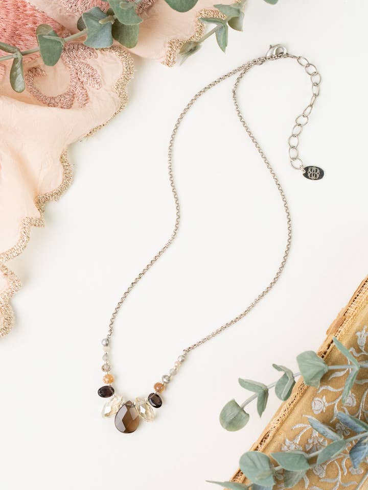 Windsor Castle 15.5-17.5" Smoky Quartz, Crystal, Abalone Simple Necklace for wholesale by Anne Vaughan Designs Jewelry