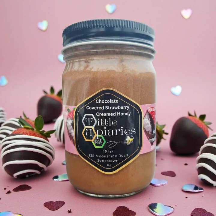 Chocolate Covered Strawberry Creamed Honey for wholesale by Tittle Apiaries, LLC