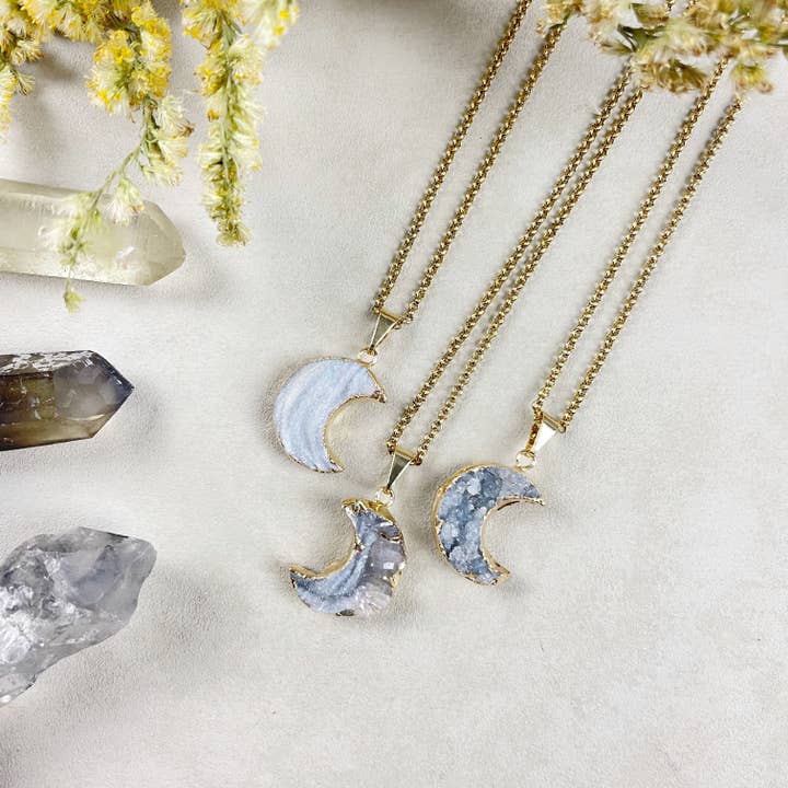 Gold Chalcedony Druzy Crescent Moon Pendant Necklace for wholesale by Ewelina Pas Jewelry