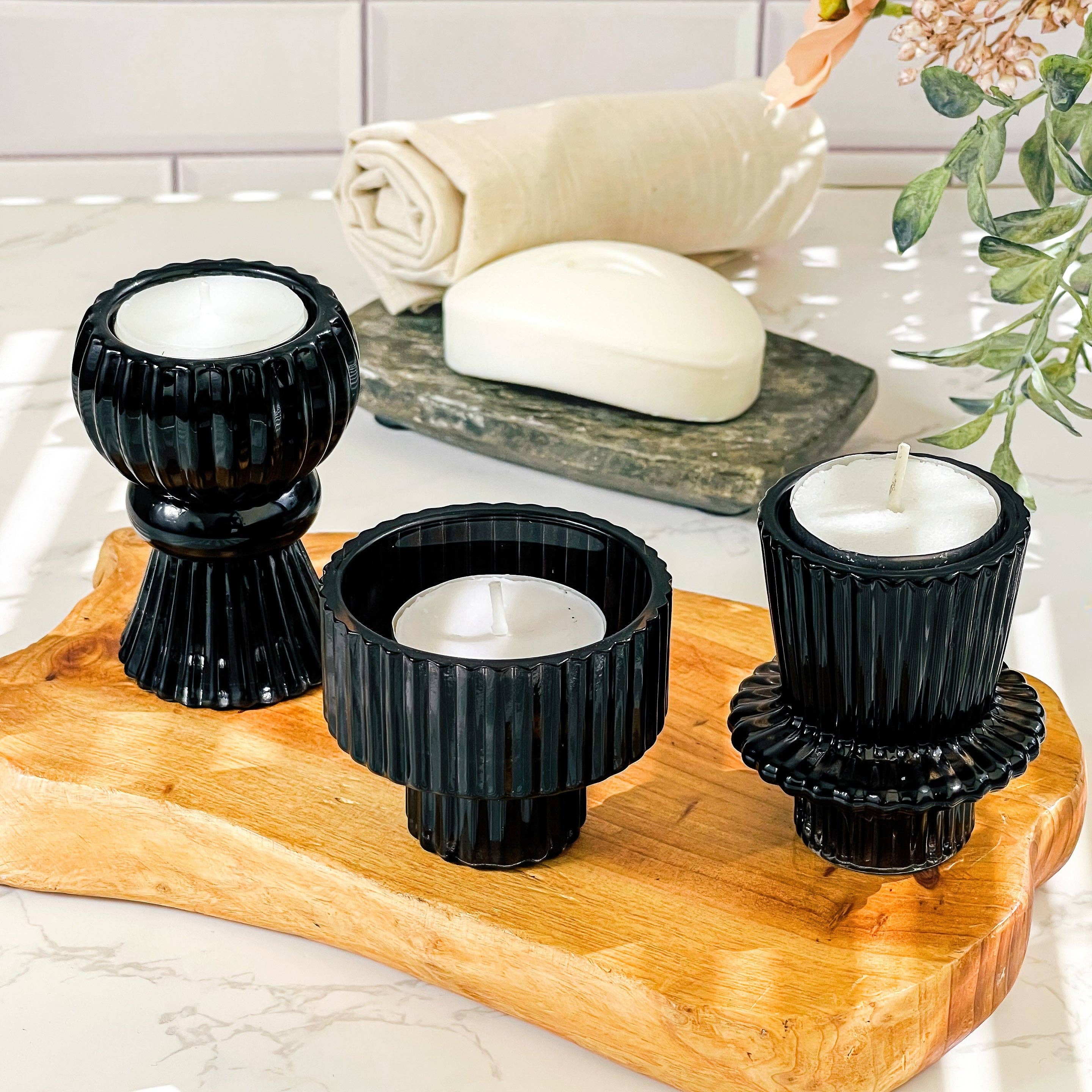 Kate Aspen - Wholesale Candle Holder - Vintage Ribbed Black Glass Candle/Candlestick Holders Set of2