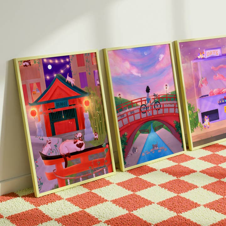 Nyaomikyu - Wholesale Art Print - Bike Sunset Cats Print2