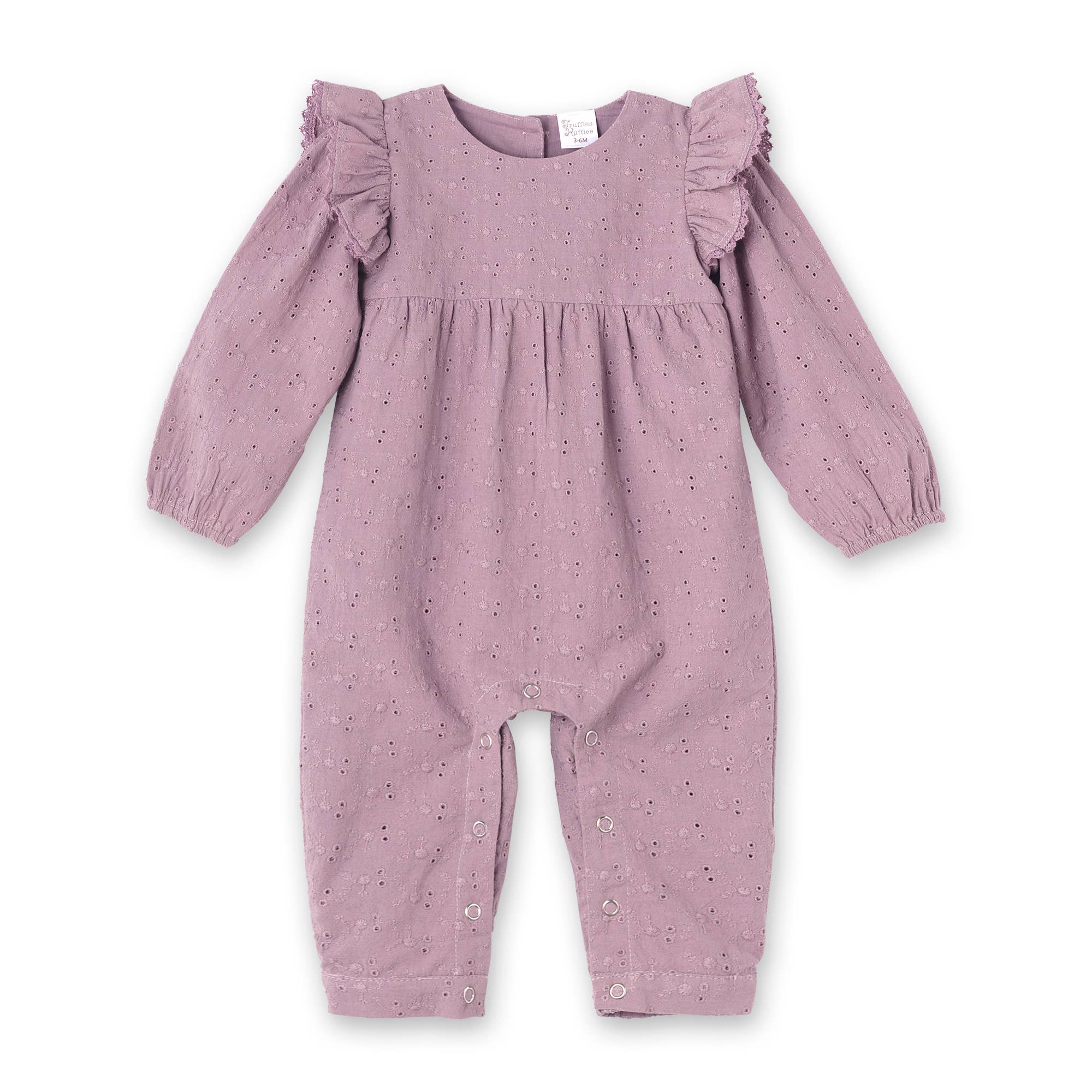 Tesa Babe - Wholesale Jumpsuit - Baby - Mauve Eyelet Girls Romper – Embroidered Cotton Ruffle Sleeve0
