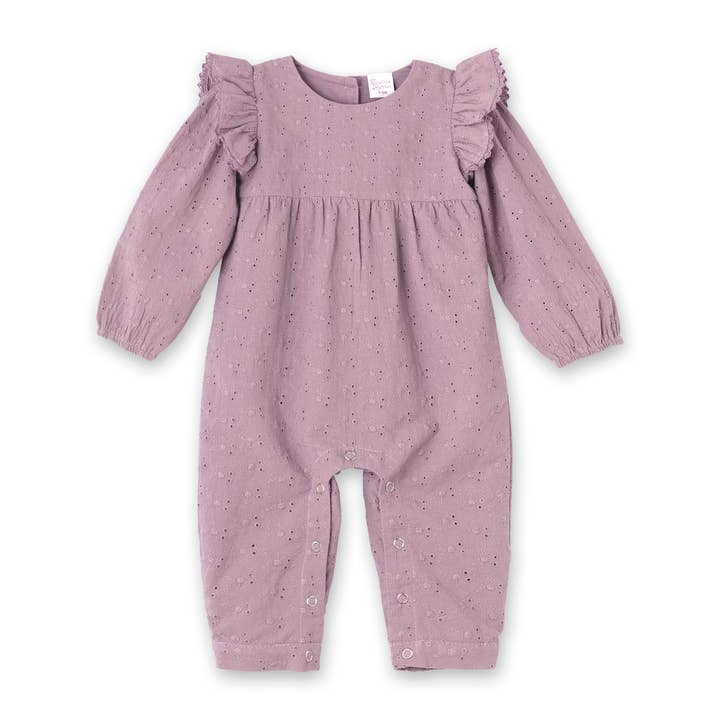 Tesa Babe - Wholesale Jumpsuit - Baby - Mauve Eyelet Girls Romper – Embroidered Cotton Ruffle Sleeve