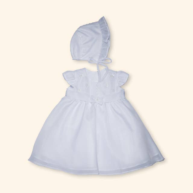 Christening Baby girl dress in swiss veil -Castel for wholesale by Karela Kids Inc.