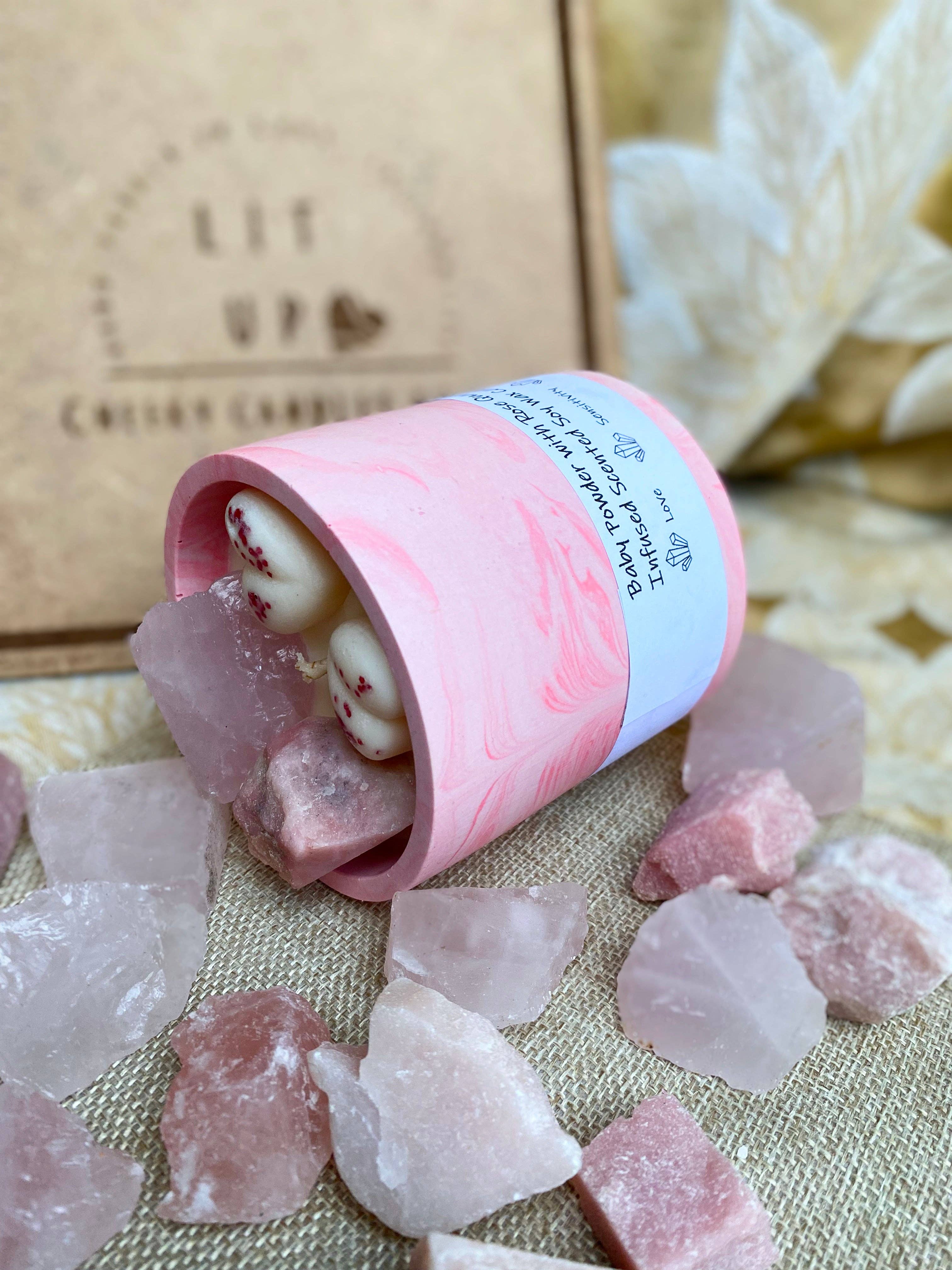 Lit Up, Ireland - Wholesale Jar/Filled Candle - Baby Powder with Rose Quartz and Pink  Infused Soul Candle1