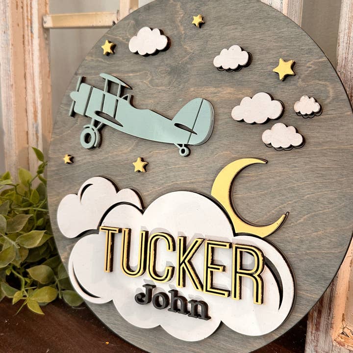 Airplane and Clouds Personalized Round Design P03575 for wholesale by Paisley Grace Makery
