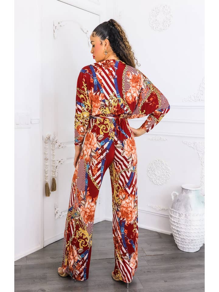 SurelyMine - Wholesale Jumpsuit - Women's - Red Chain Print Wide Leg Jumpsuit | Boho Chic One Piece1