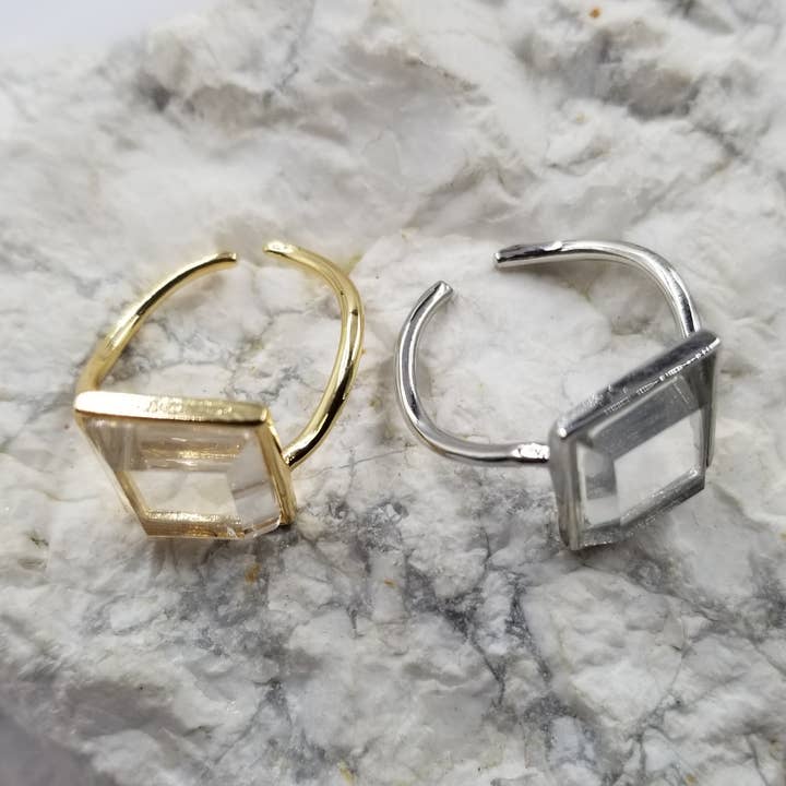 Clear Square Crystal Silver and Gold Adjustable Ring for wholesale by The Pretty Jewellery