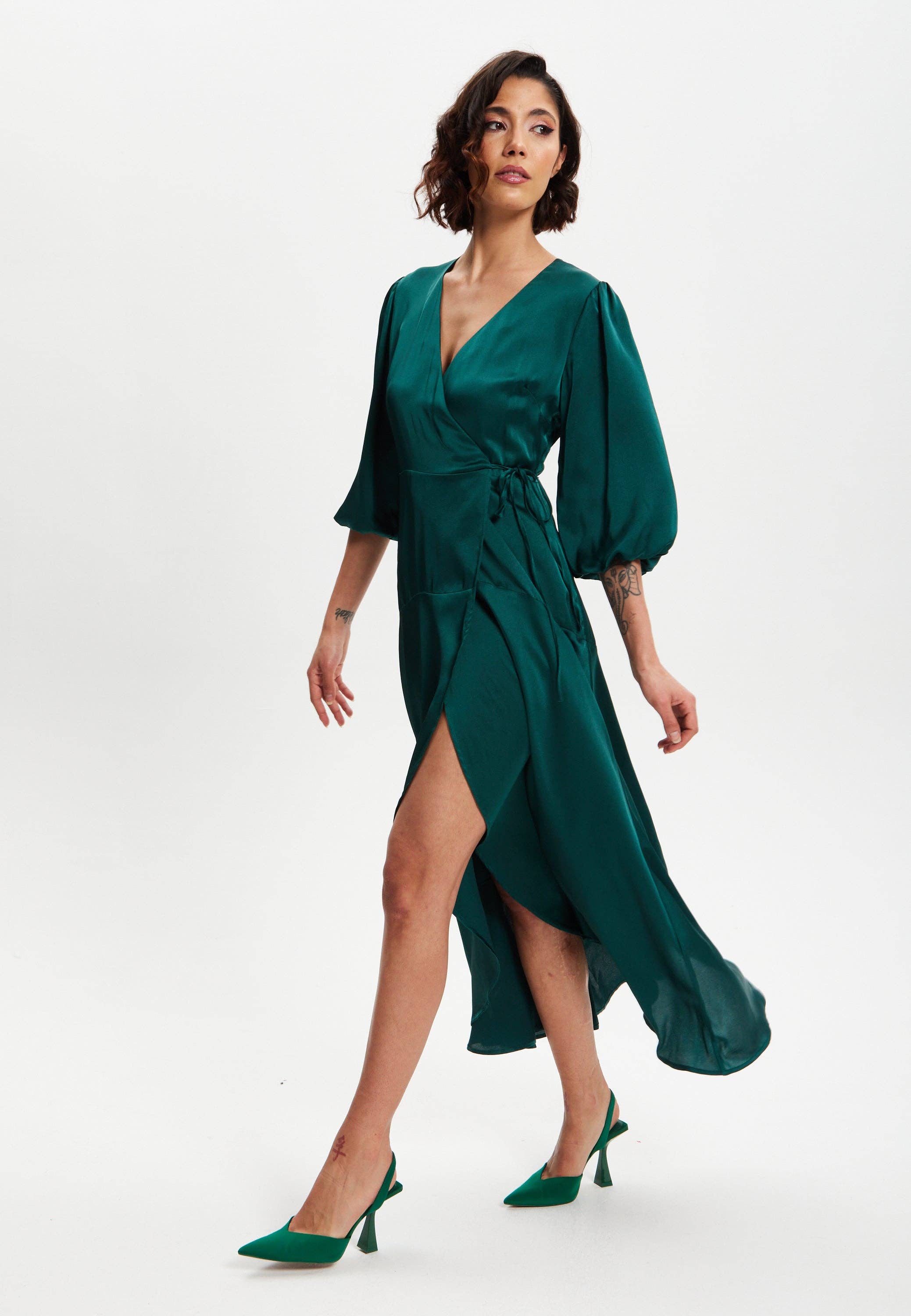 Liquorish Dark Green Midi Wrap Dress With Short Puff Sleeves for wholesale on Faire3