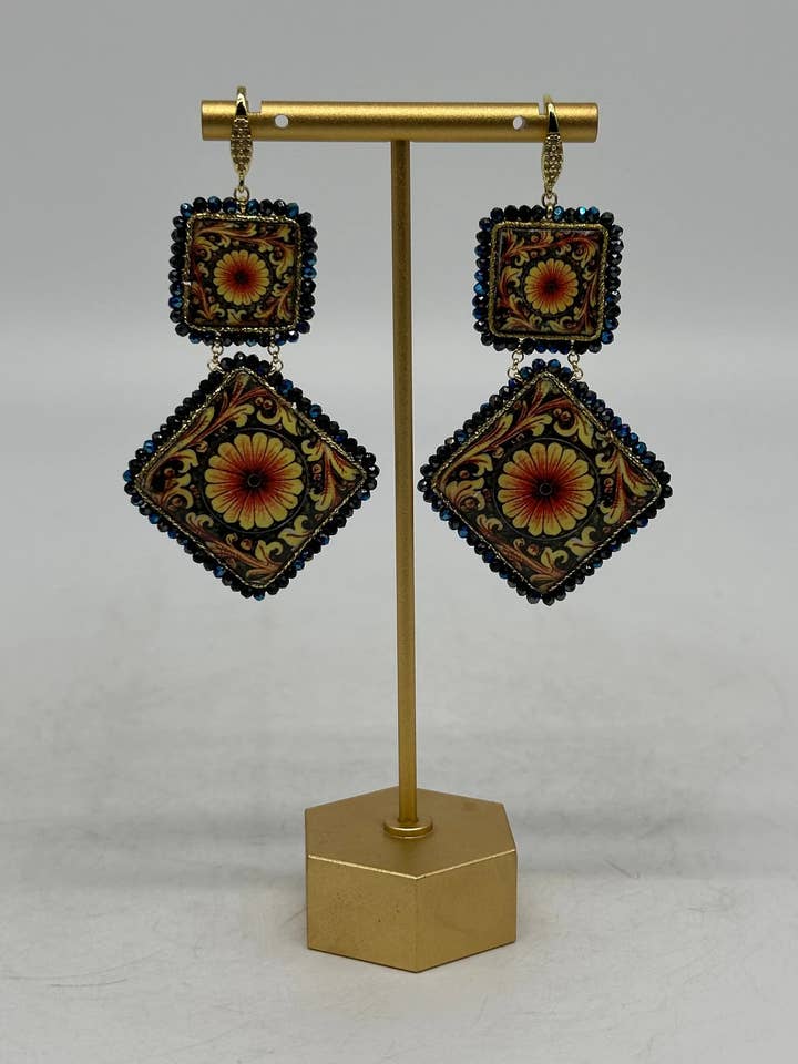 Caltagirone Ceramic Tile øreringe, blå ramme, sten, perler V.6 for engroshandel hos DD Ceramiche Siciliane