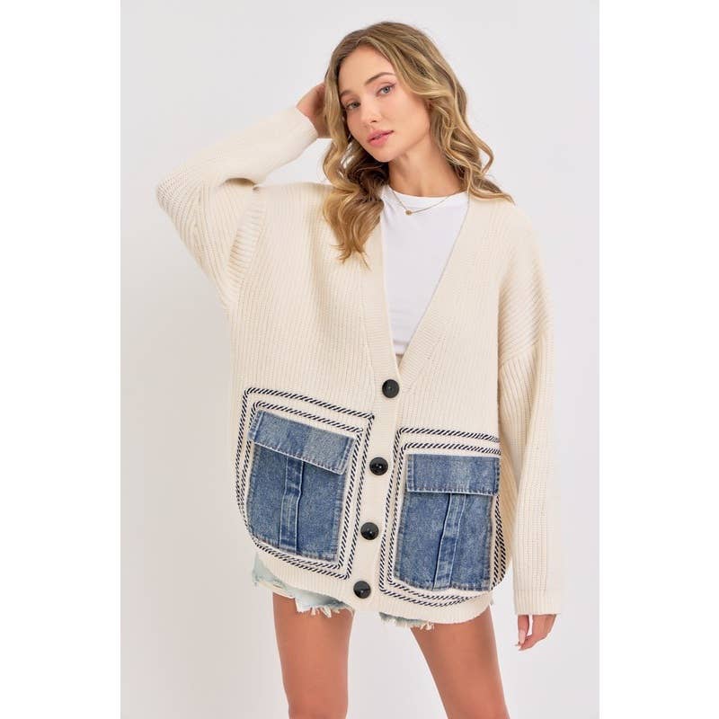 IVORY Knit Sweater Cardigan with Denim Pockets for wholesale on Faire0