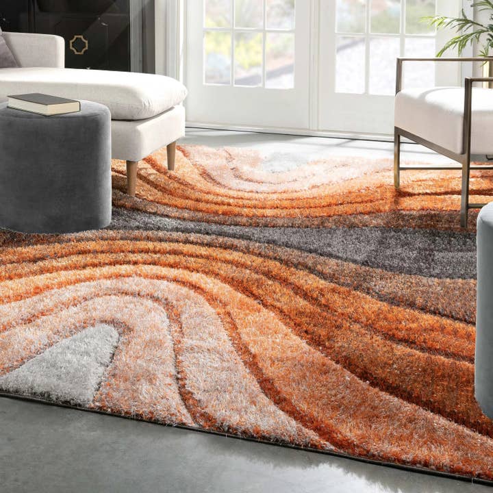 Well Woven - Wholesale Area rug - Luz Modern Geometric Grey Orange 3D Textured Thick & Soft Shag Rug5