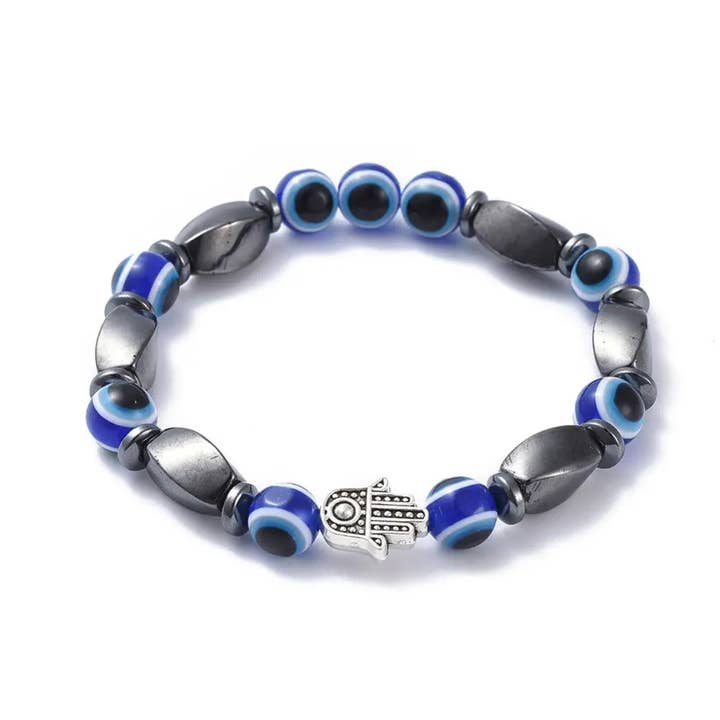 Bracelet - Hematite - Evil Eye - Fatima Hand - 8mm for wholesale by Arômes & Évasions