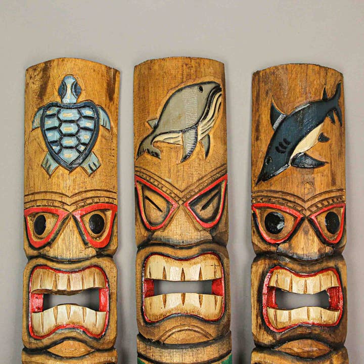 Zeckos - Venta al por mayor Escultura - Juego de 3 máscaras tiki dobles con tótem de animales marinos para decoración de pared