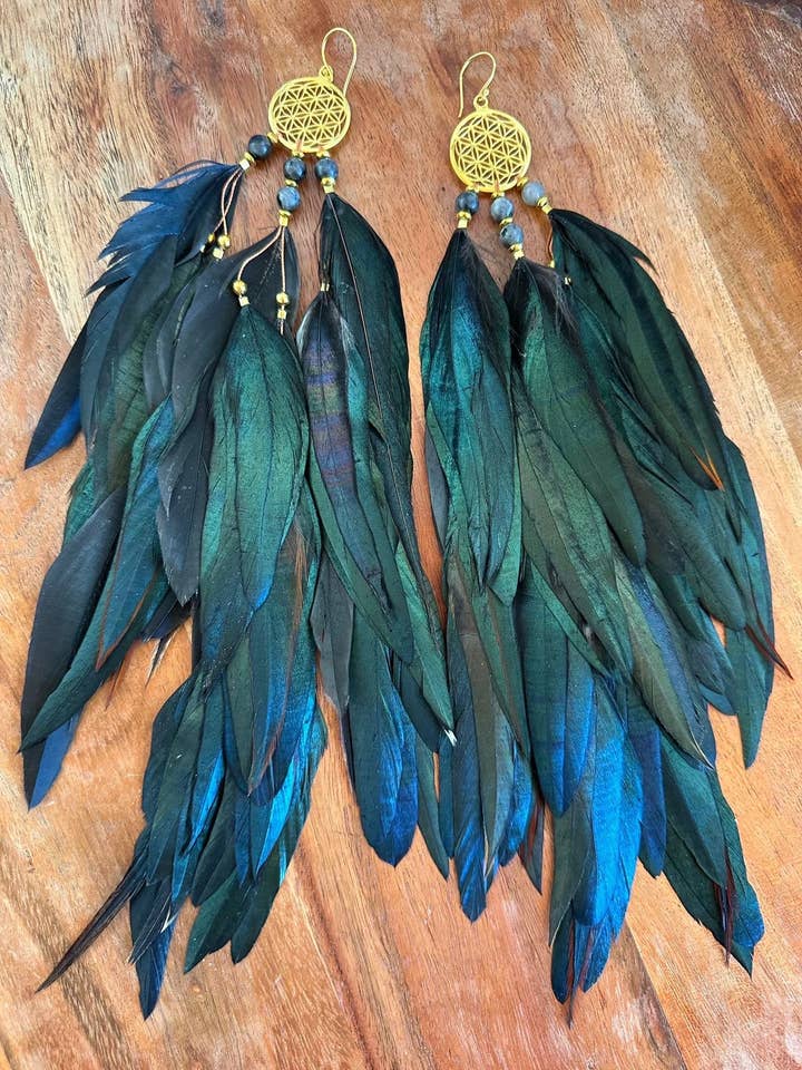 Goddess Earrings - Iridescent Green Feathers (FOL) for wholesale by Spirit Luminous
