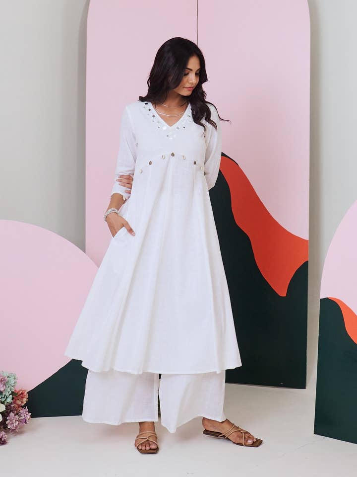 House of Amaya - Wholesale Top & pants set (NOT Loungewear) – Women's - Ajuni White Mirror Embroidered Kurta, Palazzo with Chanderi Dupatta (Set of 3)1