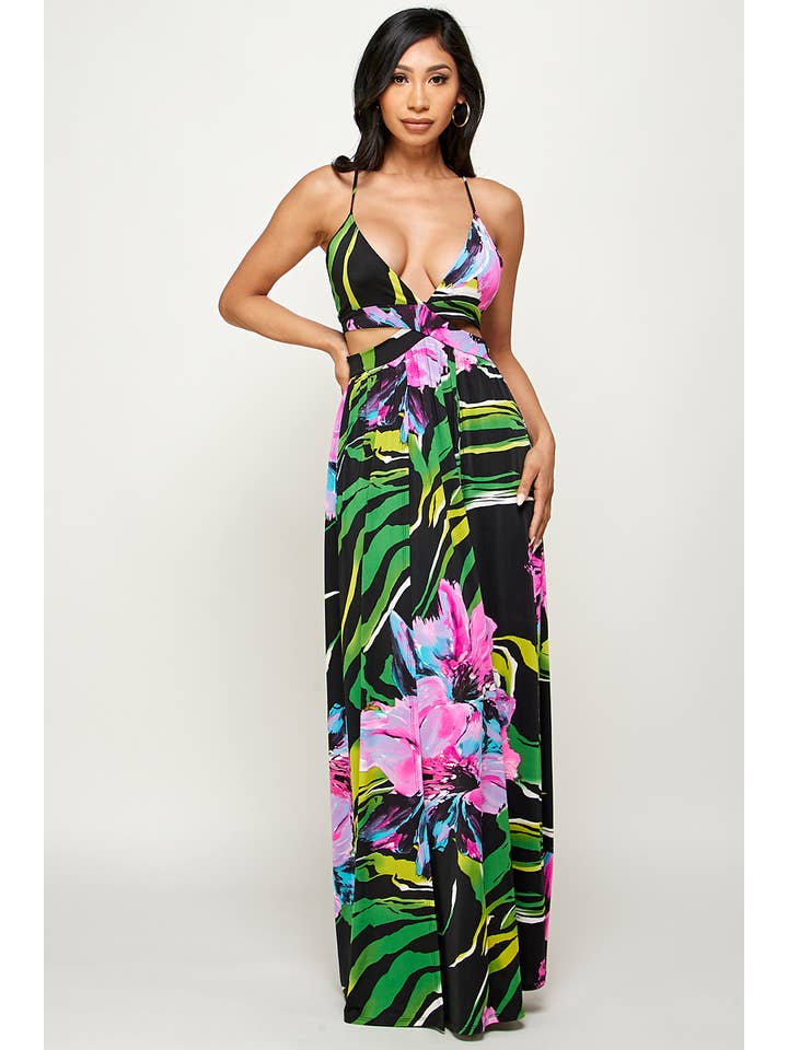 Black combo Flower Print Maxi Dress for wholesale on Faire2