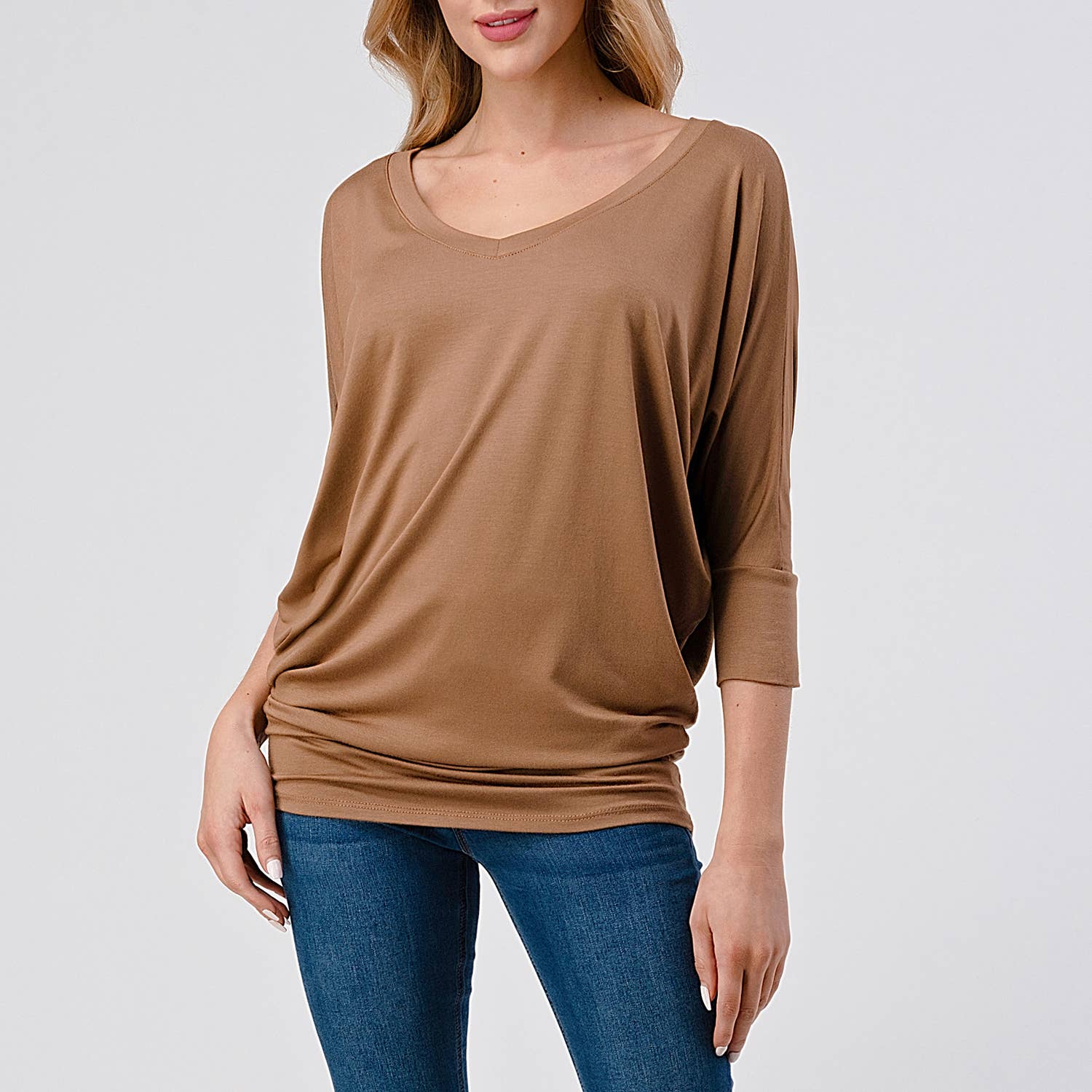 Heimious - Wholesale Knit Top - Women's - 3/4 Dolman Sleeve V-neck Modal Jersey Top, 257340