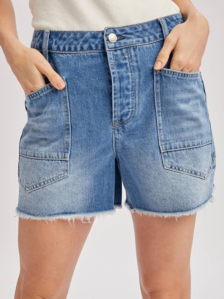 DENIM PATCH POCKET BARREL SHORTS for wholesale by Bluivy