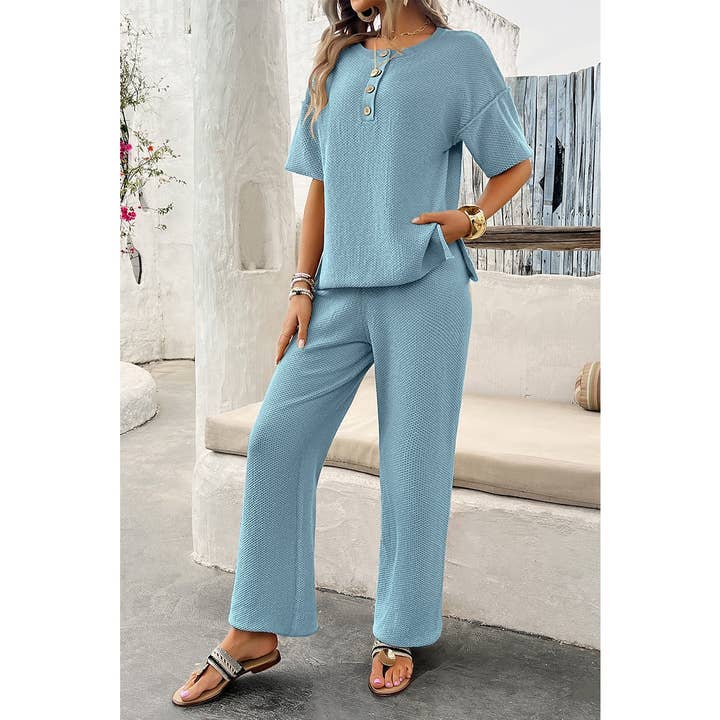 Supreme Fashion - Wholesale Loungeset - Dames - Tweedelige Outfits Gebreide Ronde Hals Knoop Set