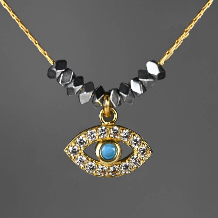 Pave Eye w/ Diamond Cut Hematite Beads Necklace for wholesale by KBD Studio