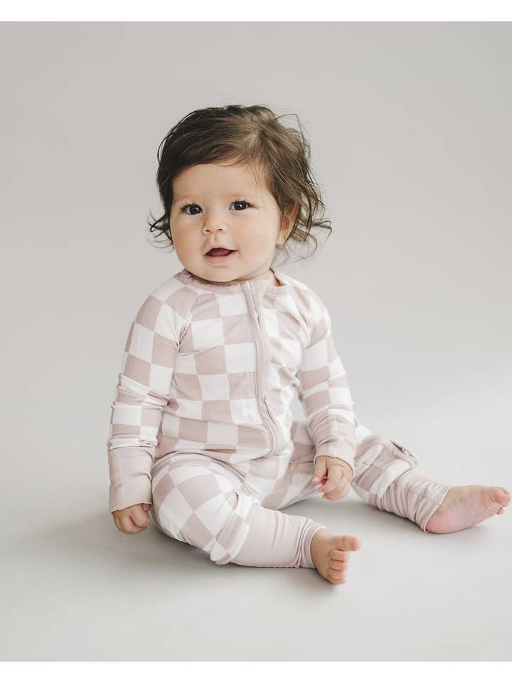 Lucky Panda Kids – wholesale Byxdress - Baby – Bambu Baby Unisex kläder med dragkedja | Latte Rutig