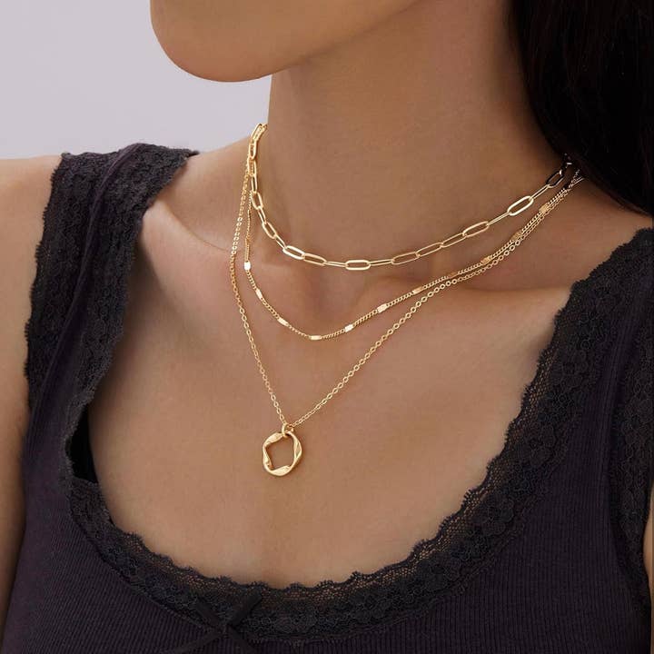 3-Piece Gold Or Silver Layered Necklace Set | Elegant Chain with Circle Pendant | Hypoallergenic for wholesale by Facetreasures Boutique