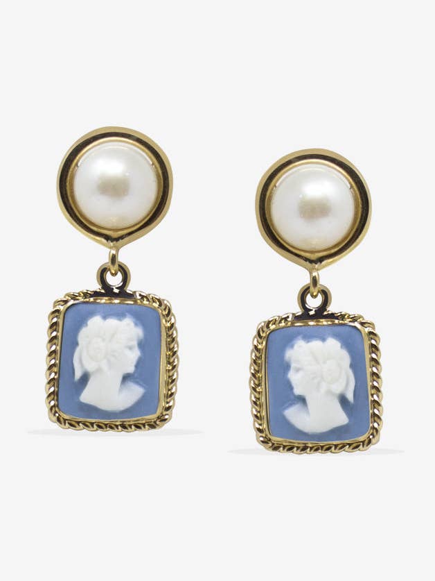 The Beloved Sky Blue Cameo Earrings With Pearls for wholesale by Vintouch Jewels