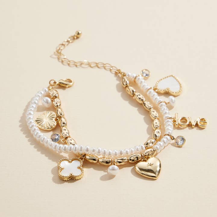 Lilla Haven - Wholesale Charm/Dangle Bracelet - Layered Pearl Charm Bracelet – Love, Heart, and Clover Pendants
