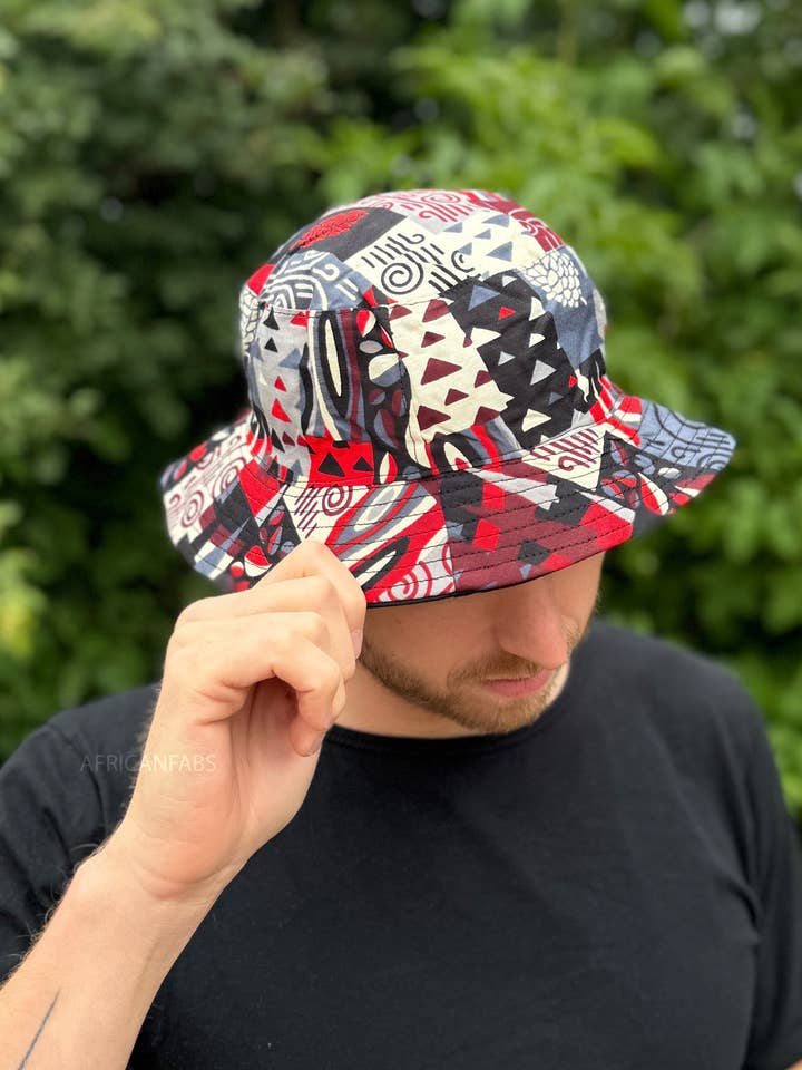 Bucket hat / Fisherman hat with African print - Red shapes - Kids & Adults sizes (Unisex) for wholesale by AfricanFabs