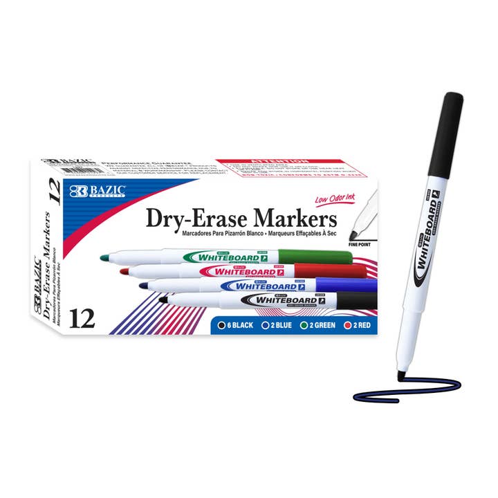 Assorted Colors Fine Tip Dry-Erase Markers (12/Box) for wholesale by BAZIC Products