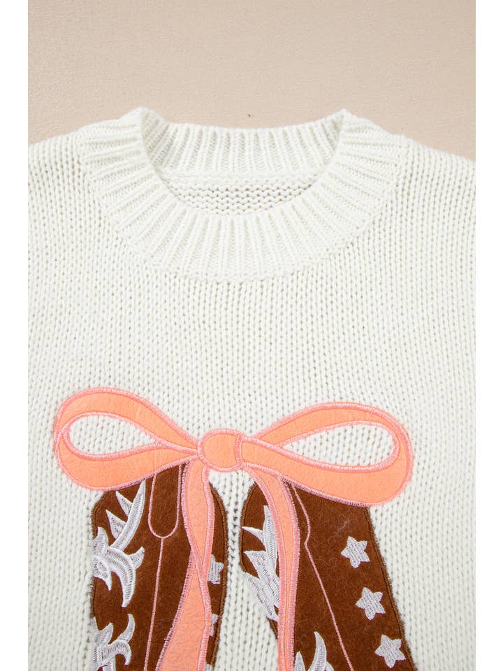 White Western Boots Bow Embroidered Drop Shoulder Sweater for wholesale on Faire7