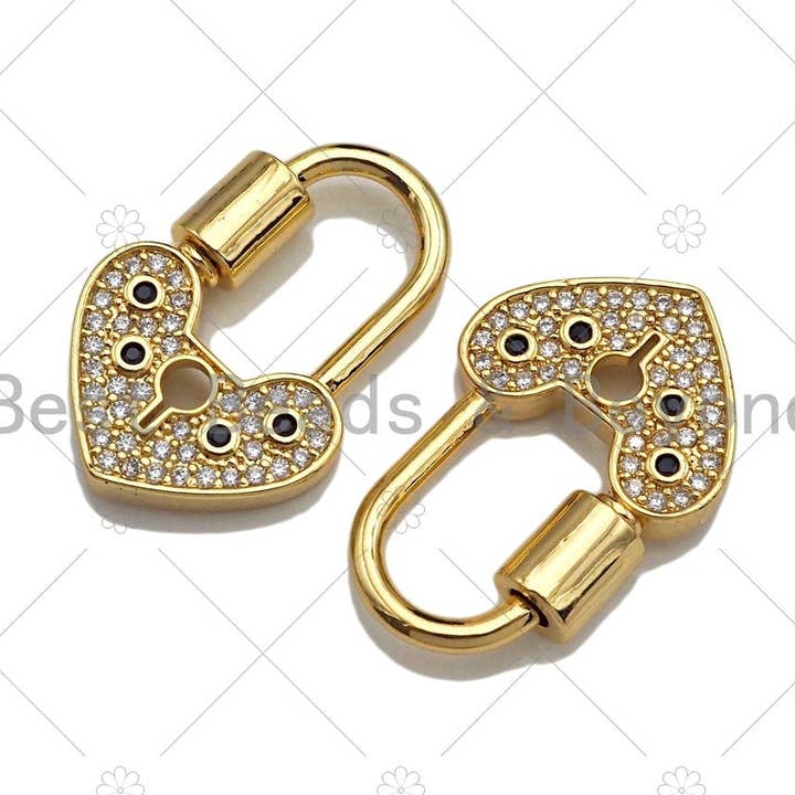Fecho de fecho de coração com chave micro pavimentada em ouro preto claro CZ 18K, pingente de cadeado de coração dourado, fecho em forma de coração, fechadura de pavimentação, 17x28mm, sku #K144 por atacado de BestBeads&Beyond