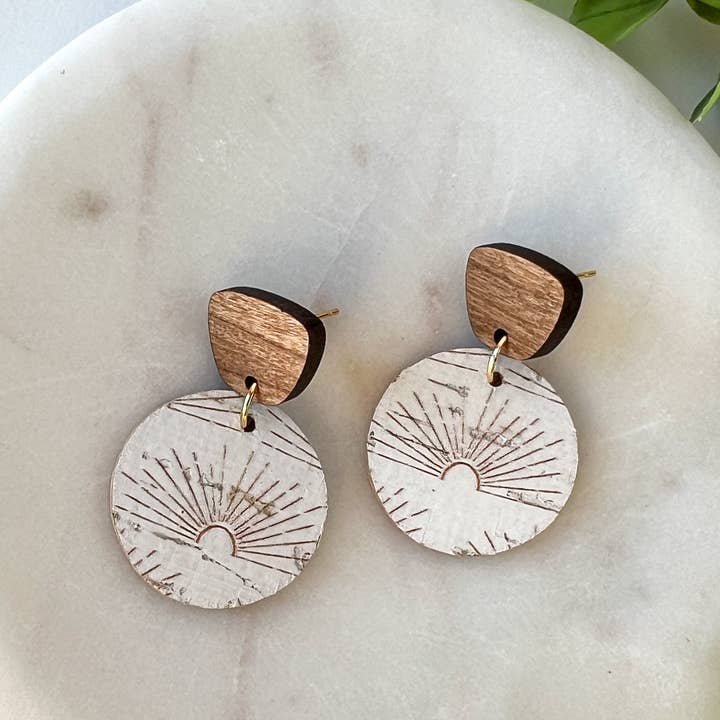 White and Gold Sunshine Leather and Wood Earrings for wholesale by Fran and Bel