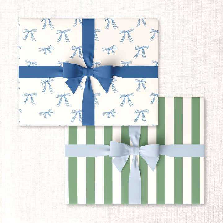 Urbanic Goods - Wholesale Flat Wrap - blue bows + lawn cabana stripe double-sided wrap sheet
