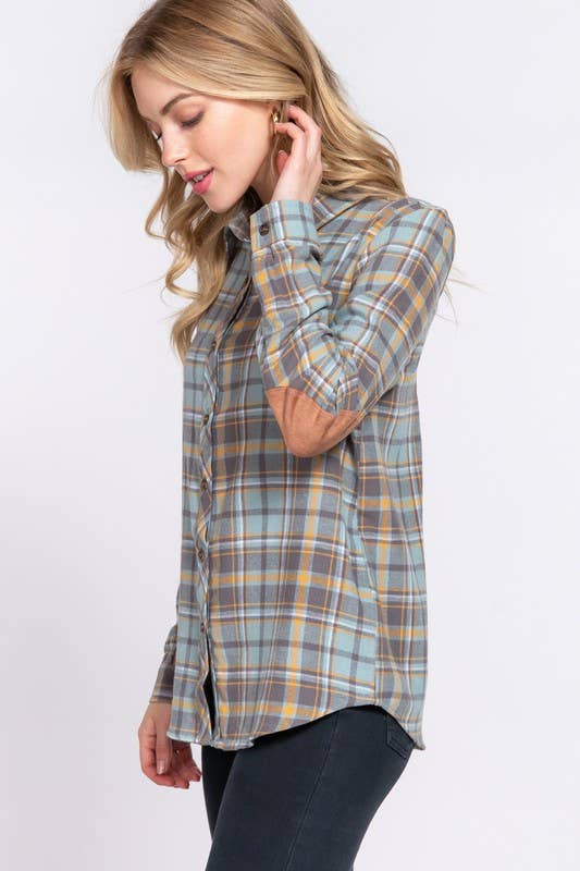 Active Basic | Active USA - Wholesale Button Down Shirt - Women's - Long Sleeve with Suede Patch Button Down Plaid Shirt2