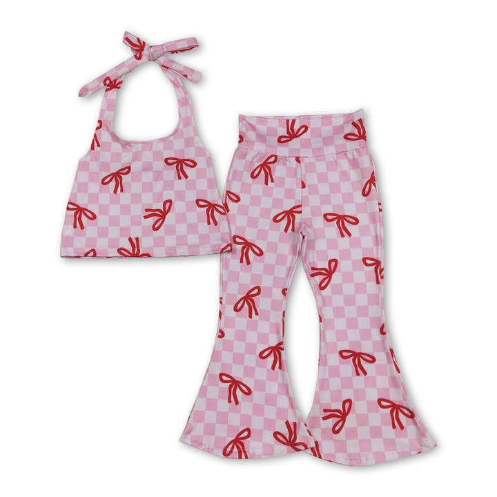 Pink plaid bow halter top bell bottom pants girls clothes for wholesale by Yawoo Garments